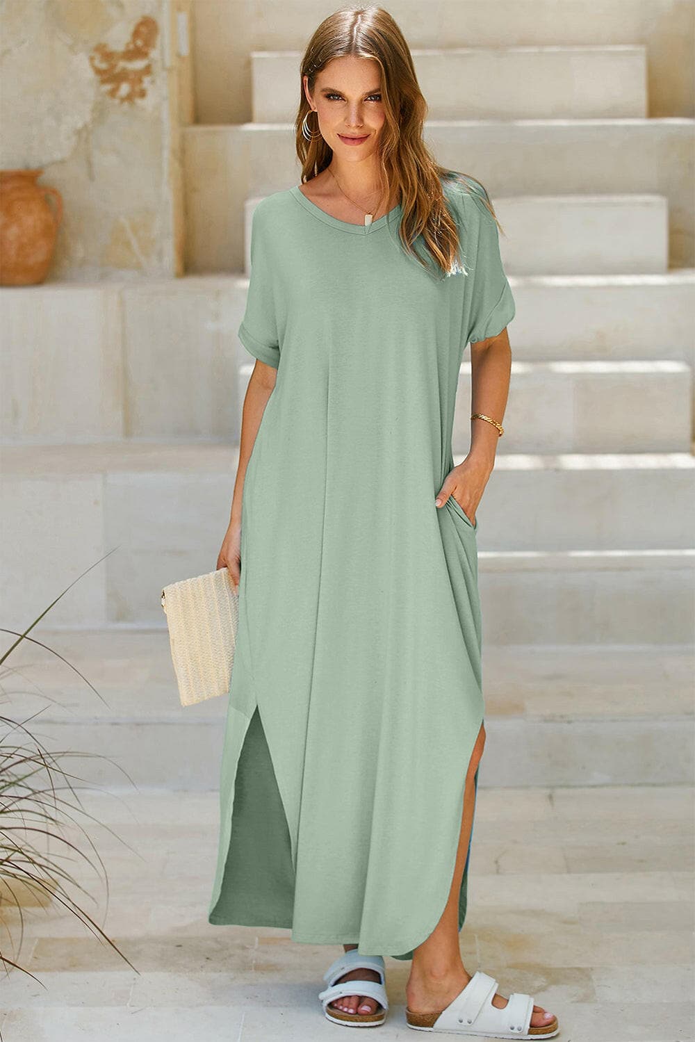 Slit Pocketed Short Sleeve Dress.