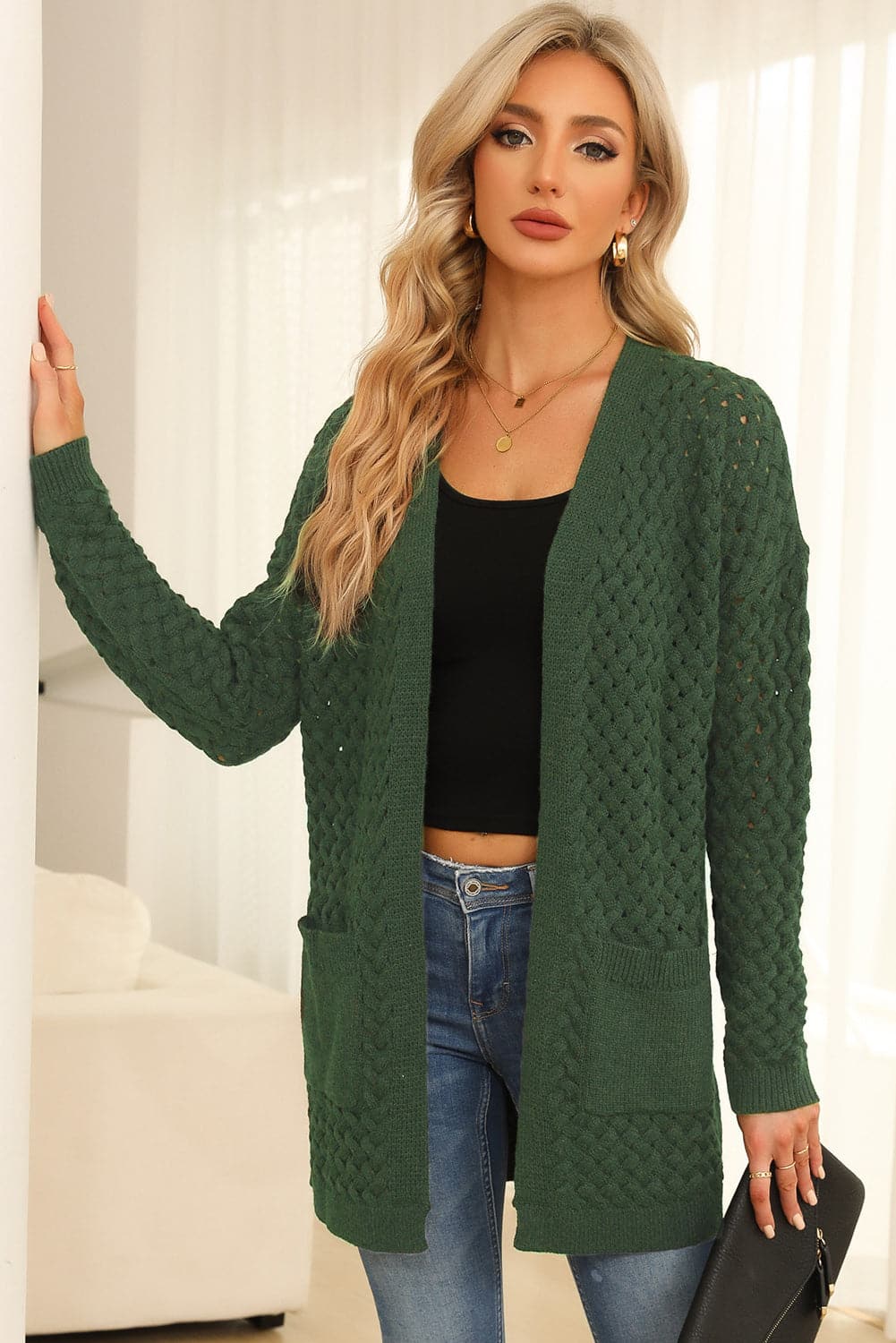 Open Front Dropped Shoulder Cardigan with Pockets.