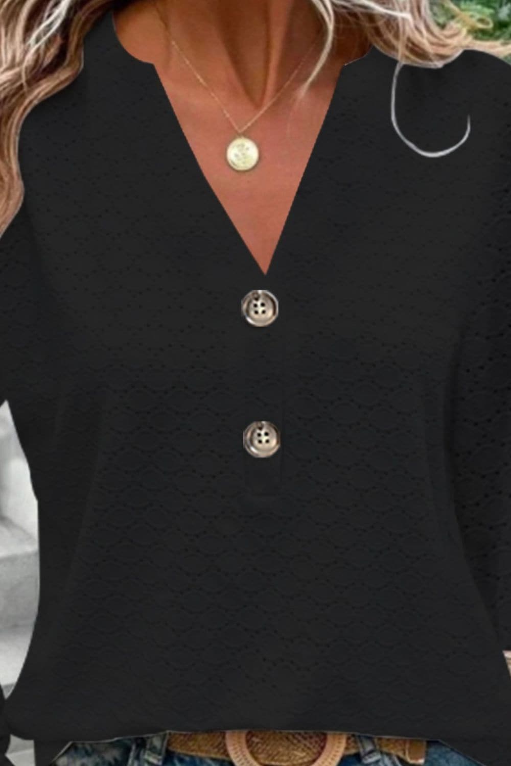 Eyelet Notched Long Sleeve T-Shirt.