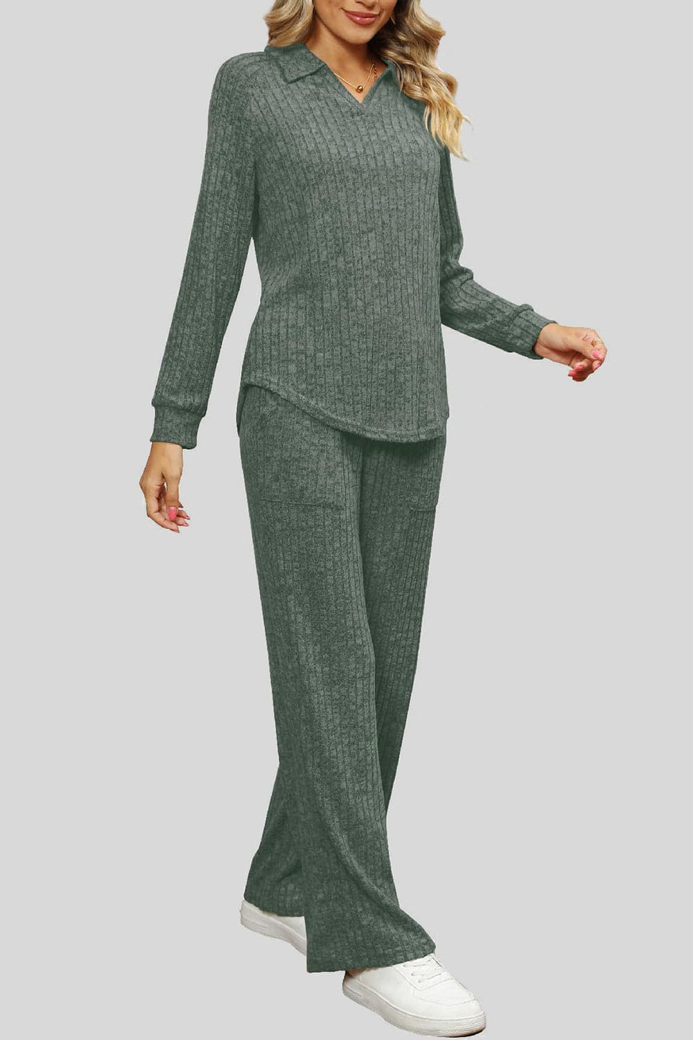 Ribbed Long Sleeve Top and Pocketed Pants Set.