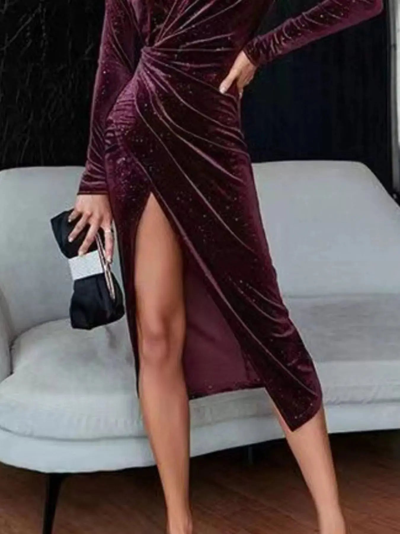Velvet Ruched Slit Midi Dress Simply Love