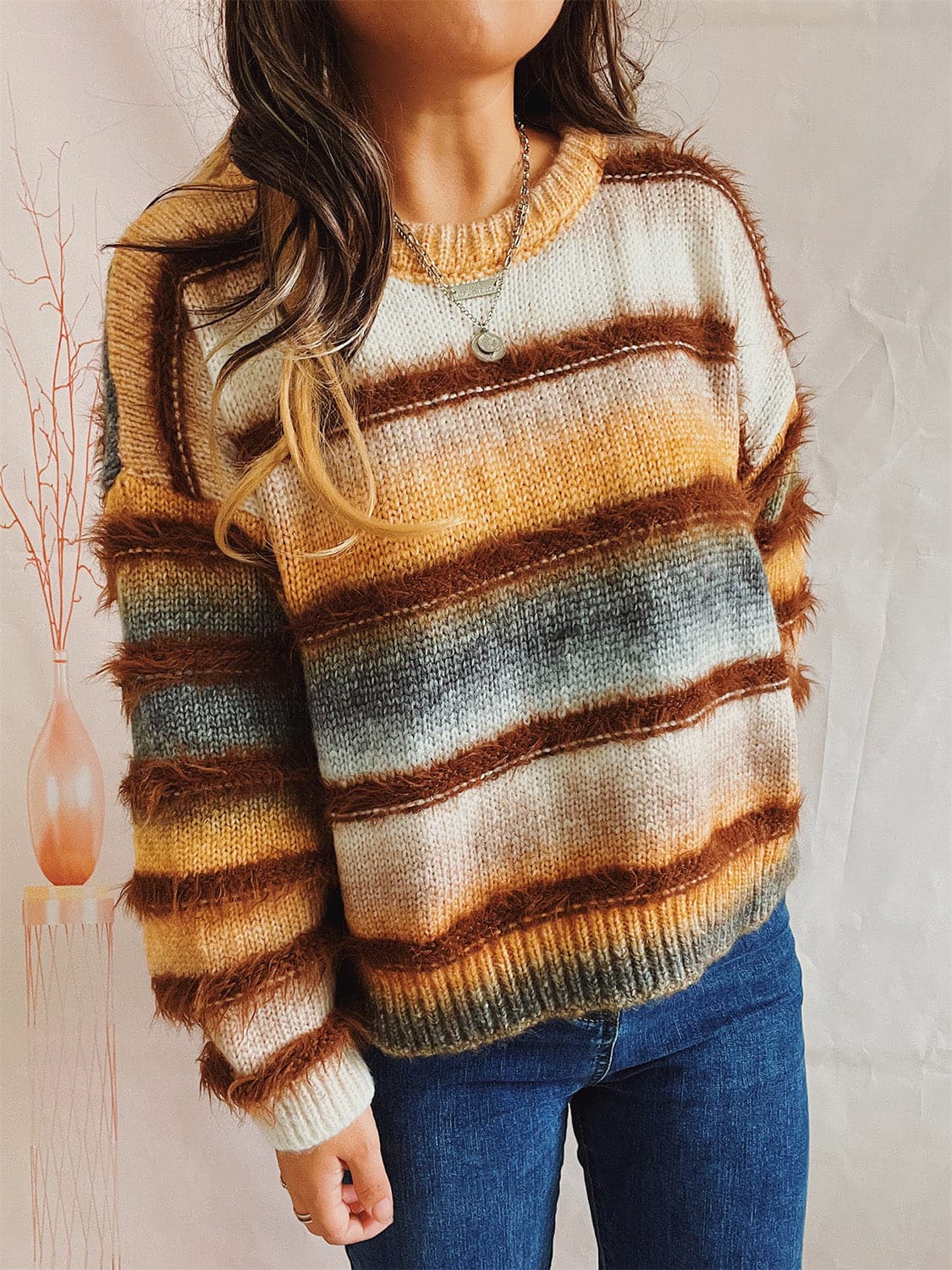 Striped Round Neck Long Sleeve Sweater.