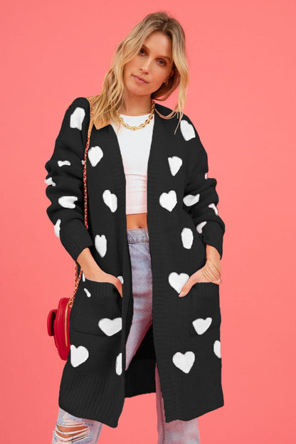 Heart Graphic Open Front Cardigan with Pockets.