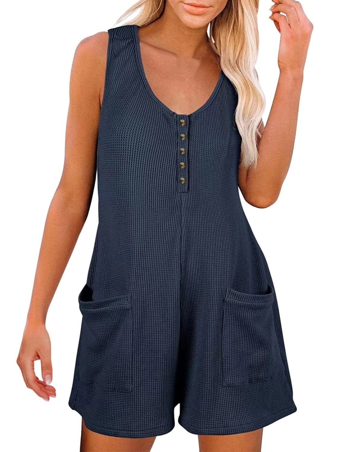 Full Size Pocketed Scoop Neck Sleeveless Romper.