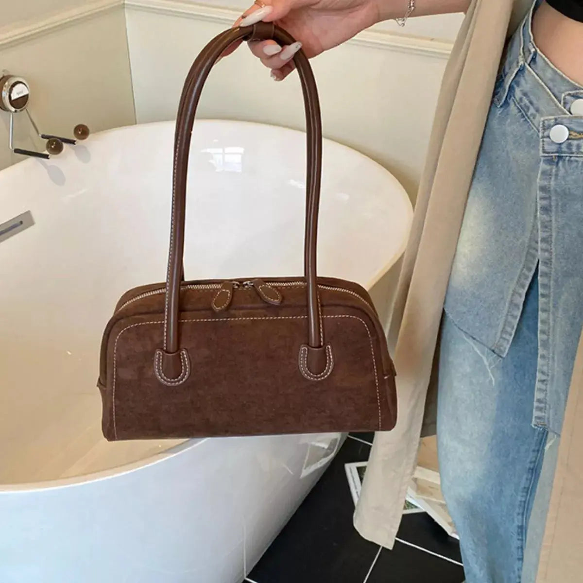 Velvet Shoulder Bag with Leather Strap Simply Love