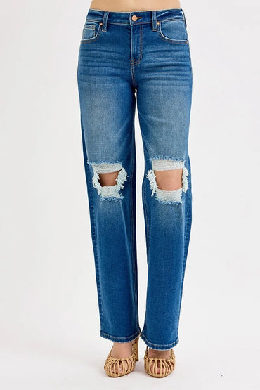 Risen Full Size Mid Waist Fit Boyfriend Knee Distressed Jeans Plus Size - Love Salve 