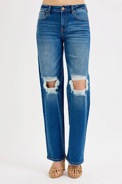 Risen Full Size Mid Waist Fit Boyfriend Knee Distressed Jeans Plus Size - Love Salve 