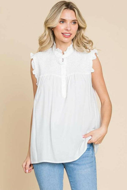 Culture Code Full Size Frill Edge Smocked Sleeveless Top.