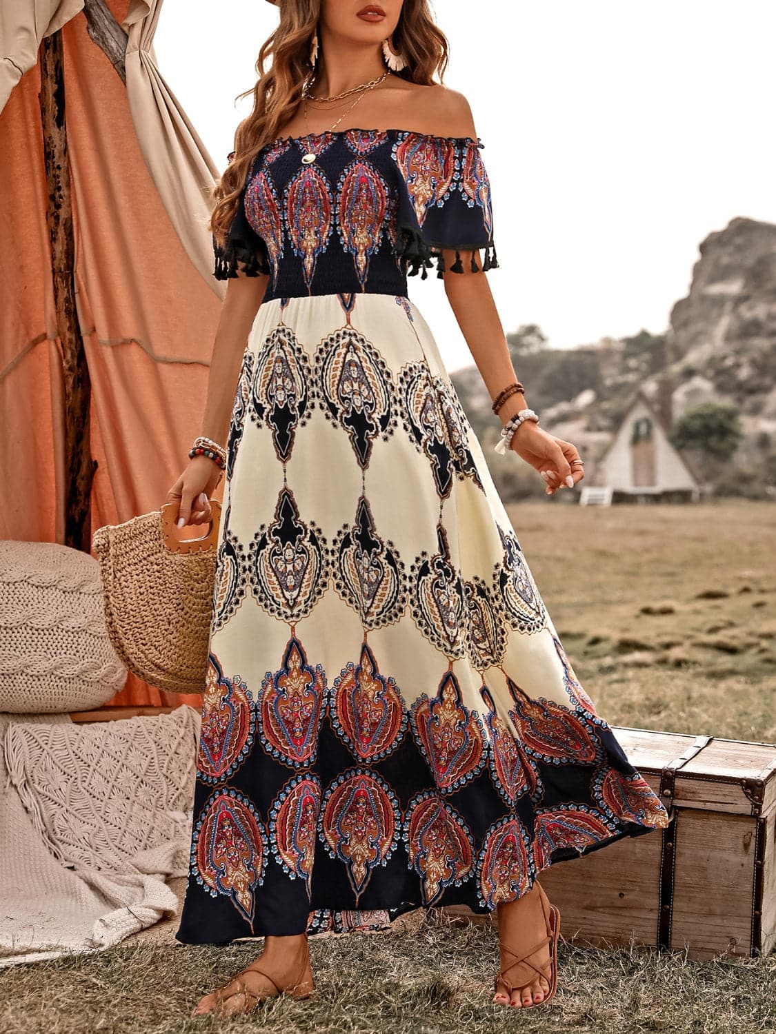 Tassel Printed Off Shoulder Short Sleeve Dress.