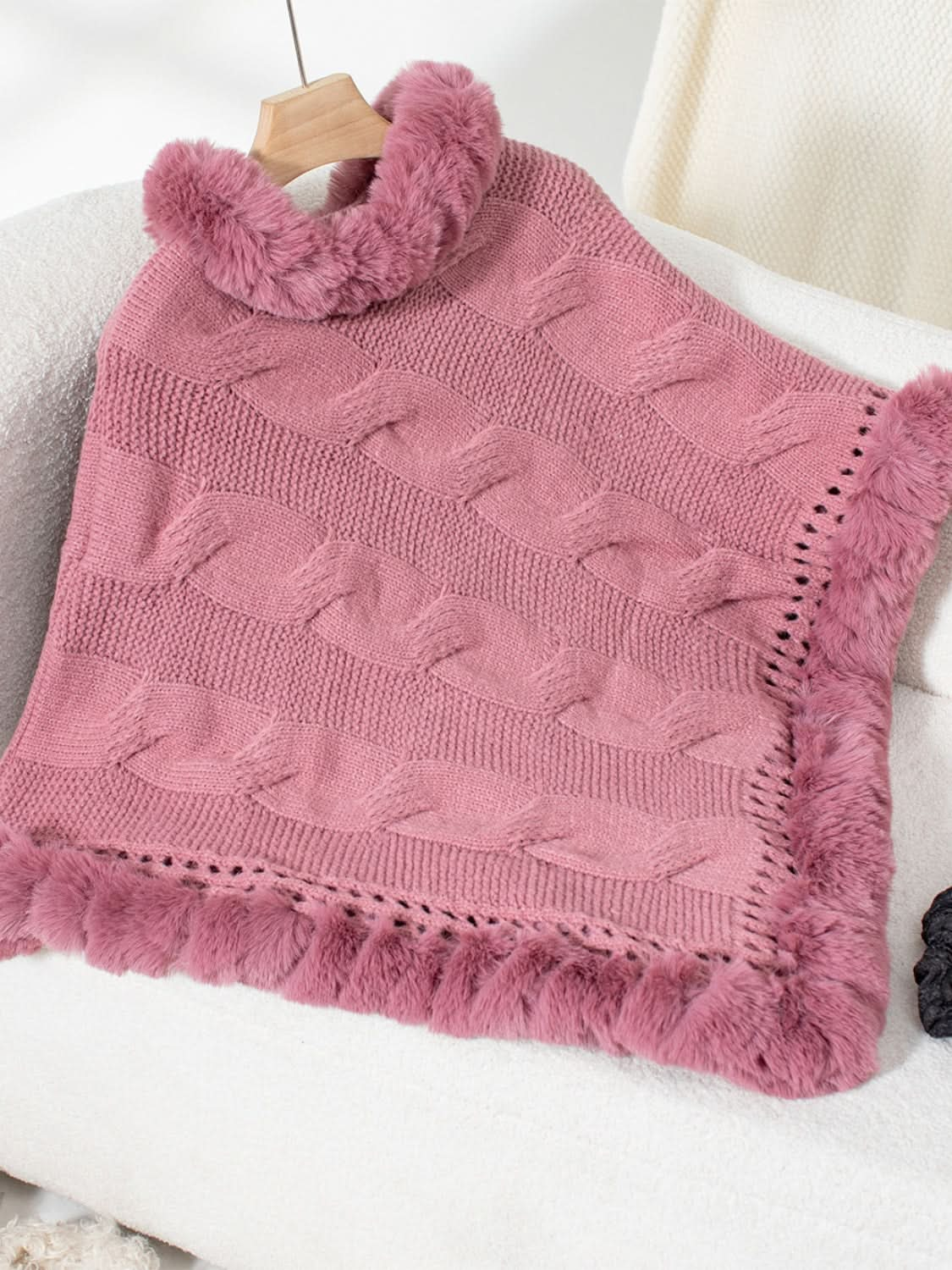 Cozy Cable-Knit Fuzzy Hem Poncho