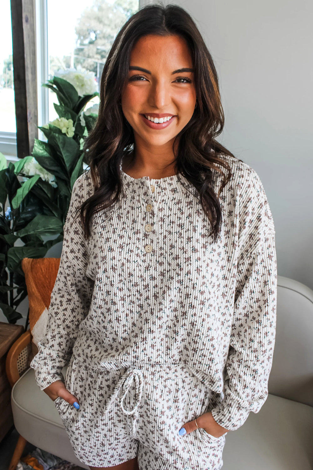 White Spiral Ribbed Floral Print Long Sleeve Henley Top Drawstring Short Set Dear-Lover Dropshipping