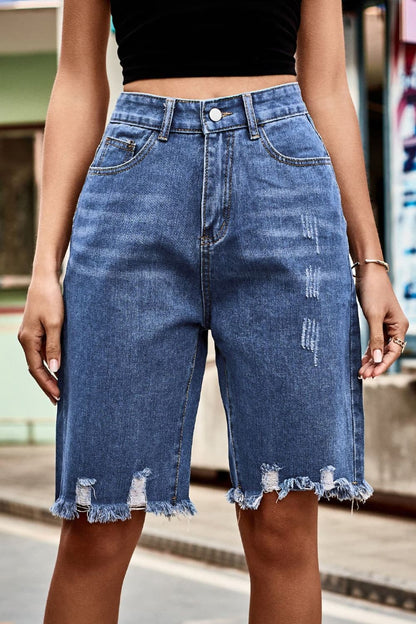 Raw Hem High Waist Denim Shorts with Pockets.