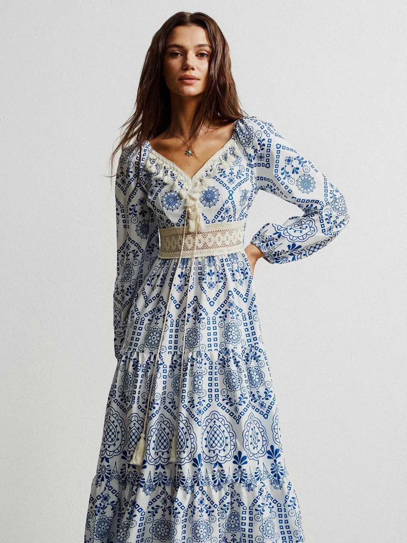 Bohemian Print Midi Dress with Tassel Detail Simply Love