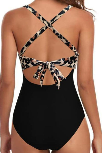 Elegant black leopard backless monokini with cutout design