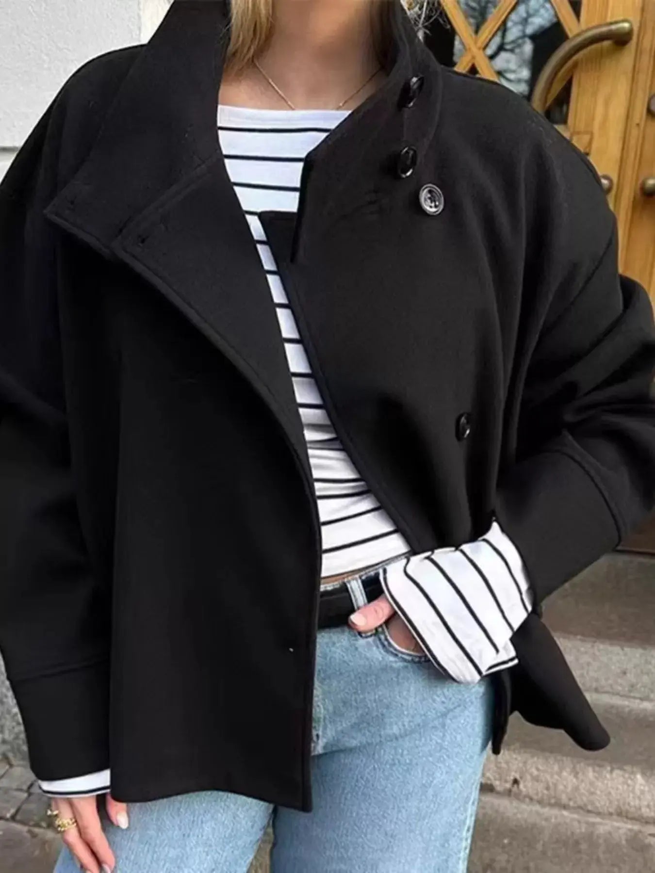 Navy Long Sleeve Buttoned Lightweight Outerwear Coat Lined Simply Love