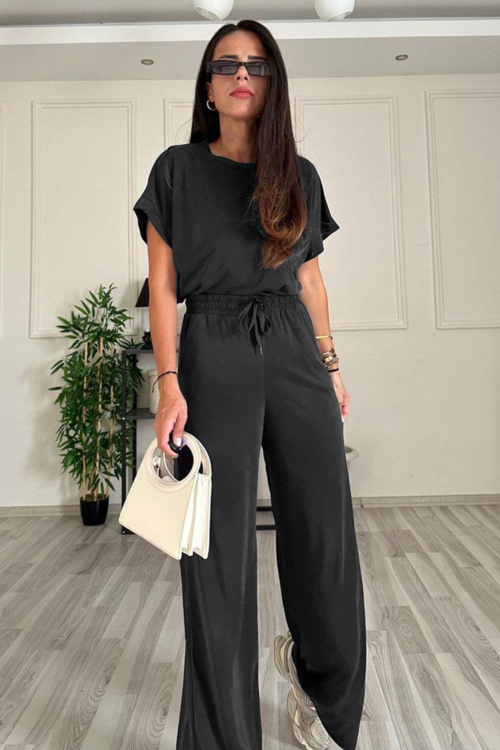 Round Neck Short Sleeve Top and Drawstring Pants Set.