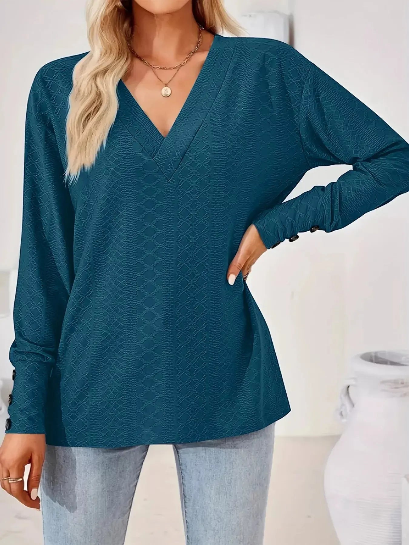 Plus Size V-Neck Textured Long Sleeve T-Shirt Simply Love
