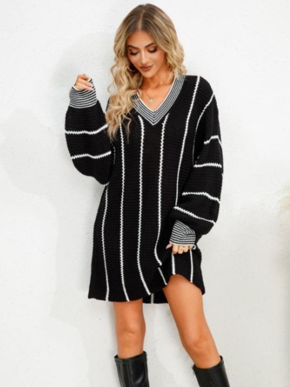 Striped V-Neck Long Sleeve Mini Dress.