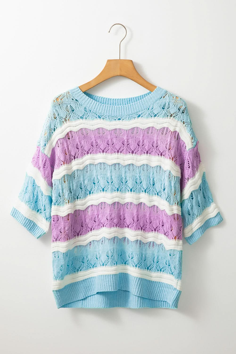 Purple Striped Crochet Color Block Half Sleeve Sweater