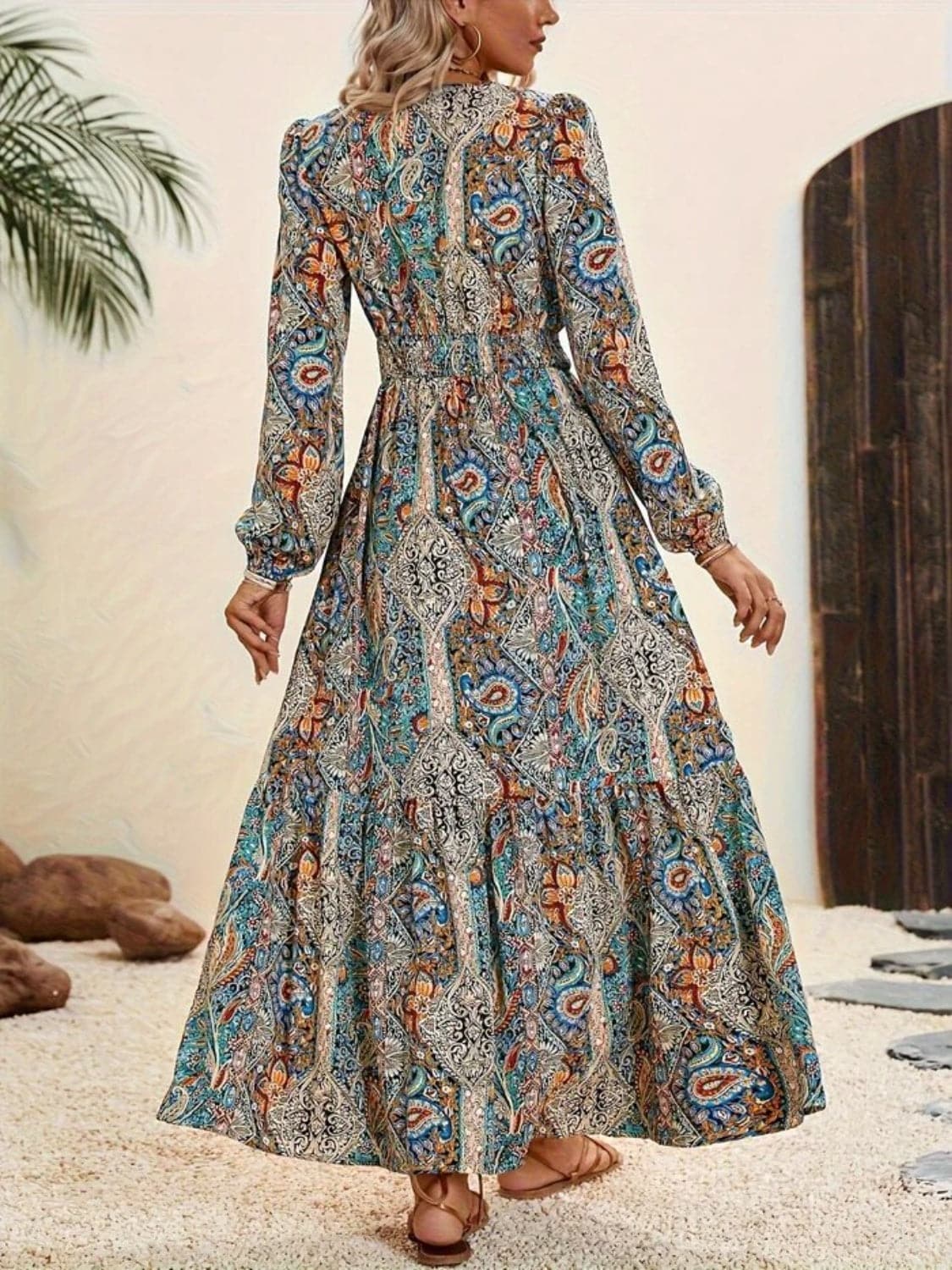 Floral-printed tie-neck long sleeve maxi dress