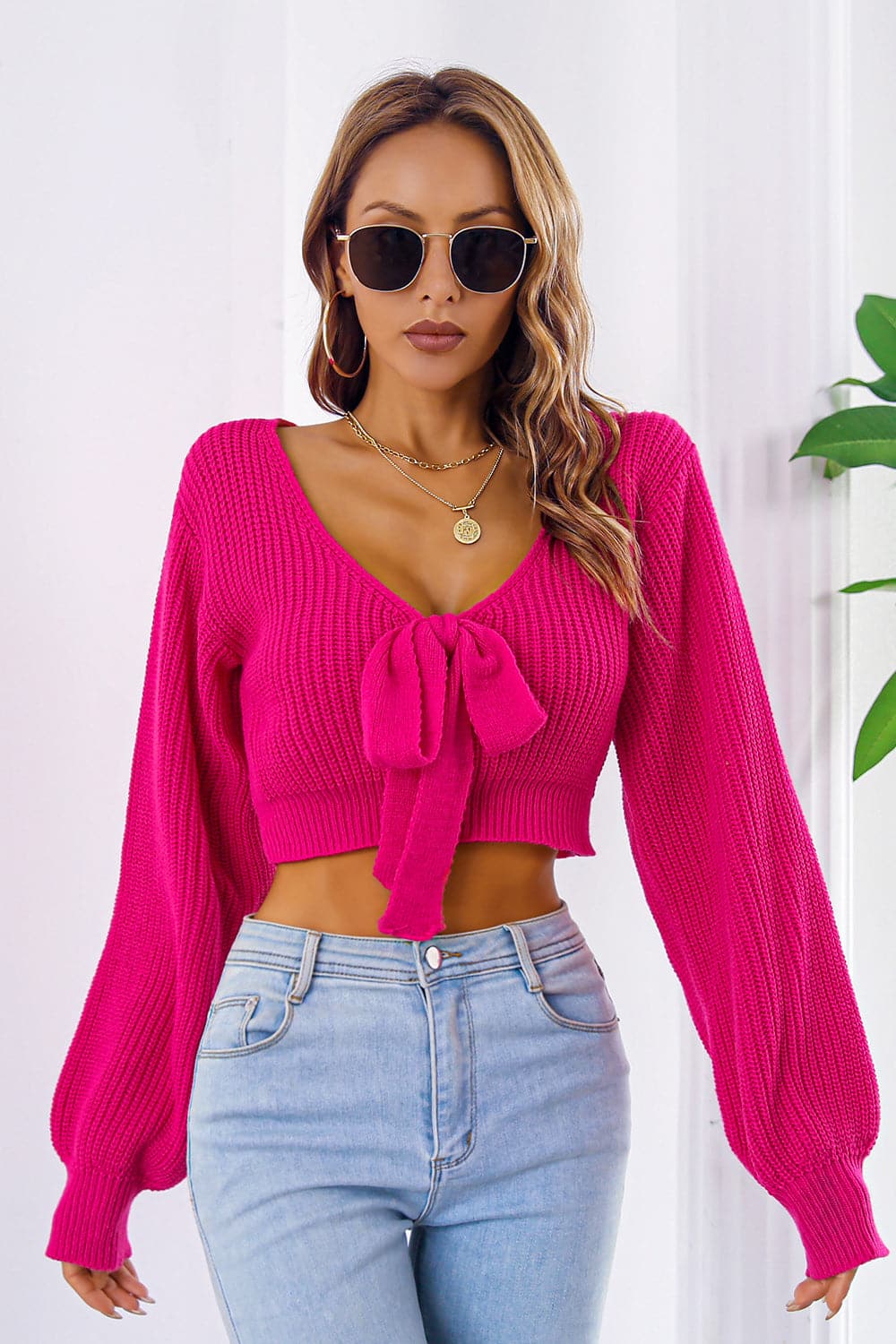 Bow V-Neck Long Sleeve Cropped Sweater.