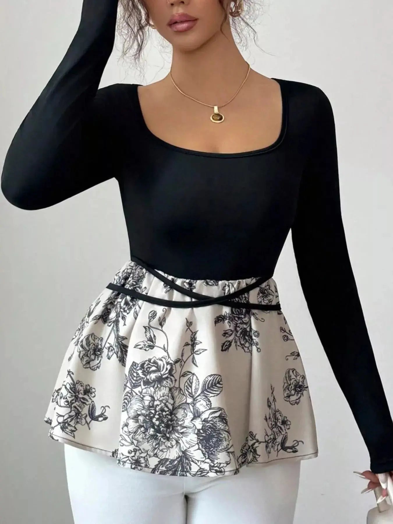 Floral Print Peplum Hem Long Sleeve Top Simply Love