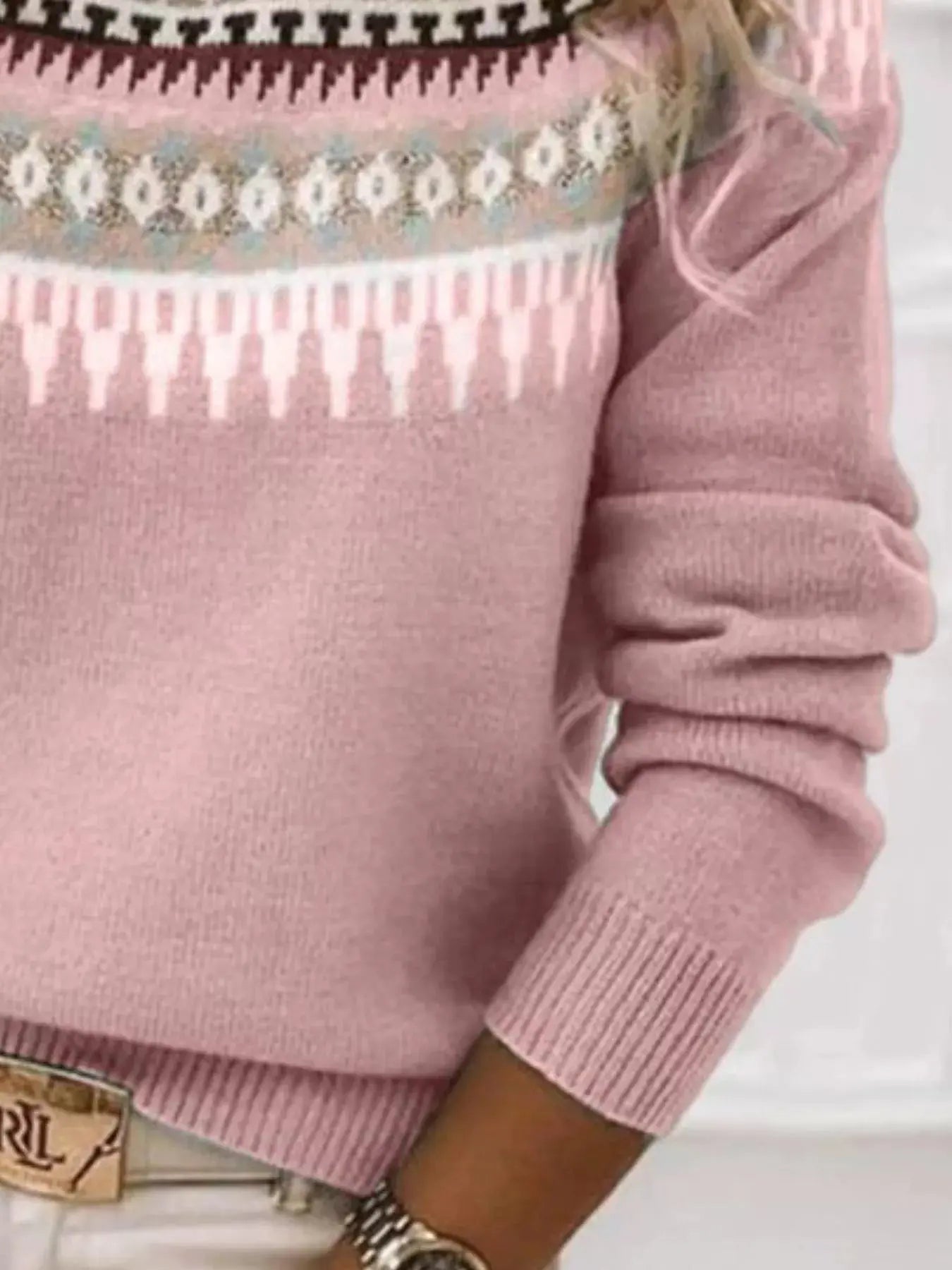 Full Size Vintage Patterned Round Neck Sweater Plus Size Simply Love