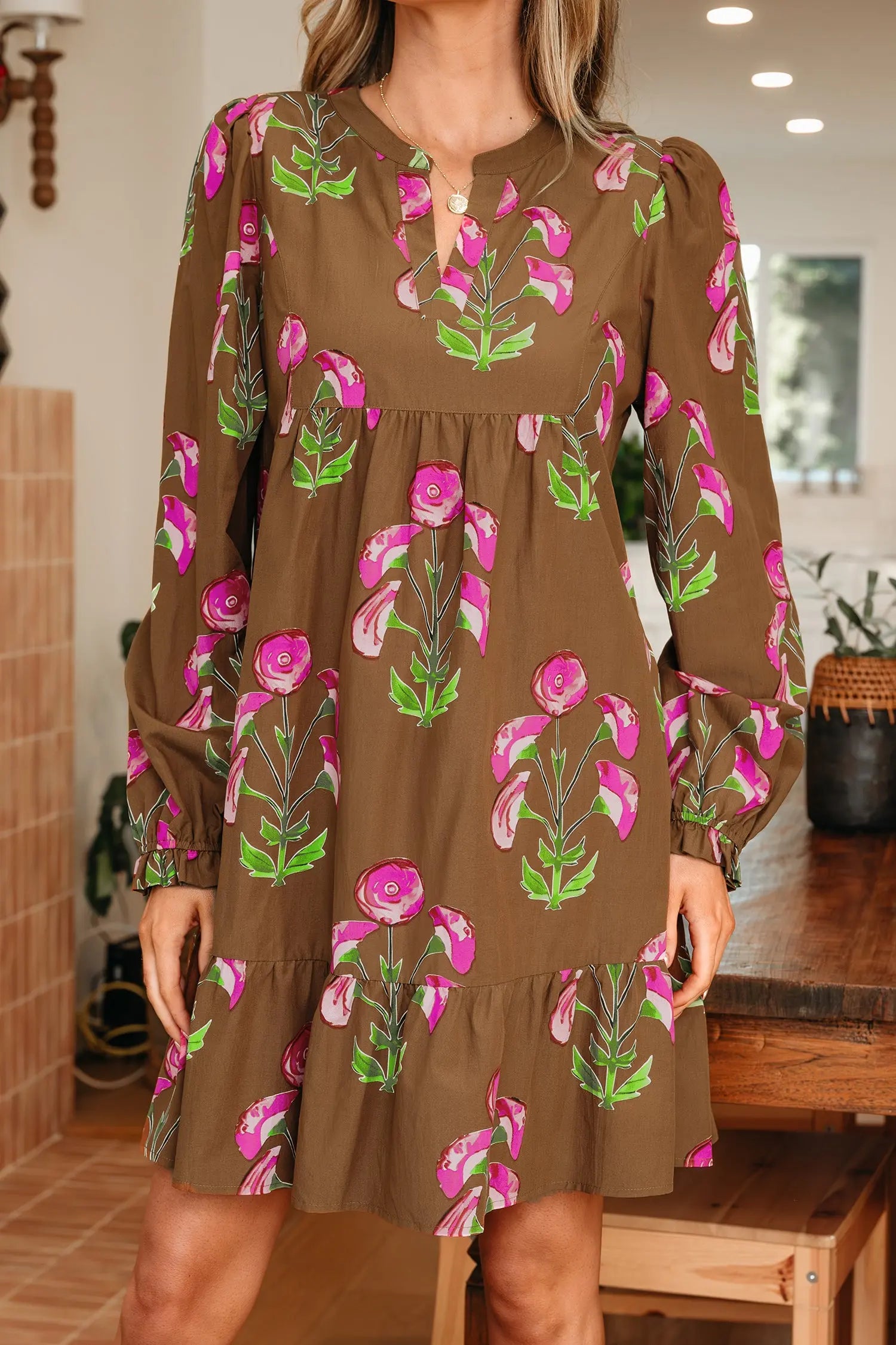 Brown Contrast Floral Print Babydoll Tunic Dress With Ruffled Hem Puff Sleeve Dear-Lover Dropshipping