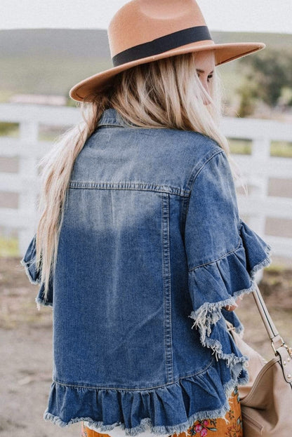 Peacock blue ruffled denim jacket with a raw edge detail