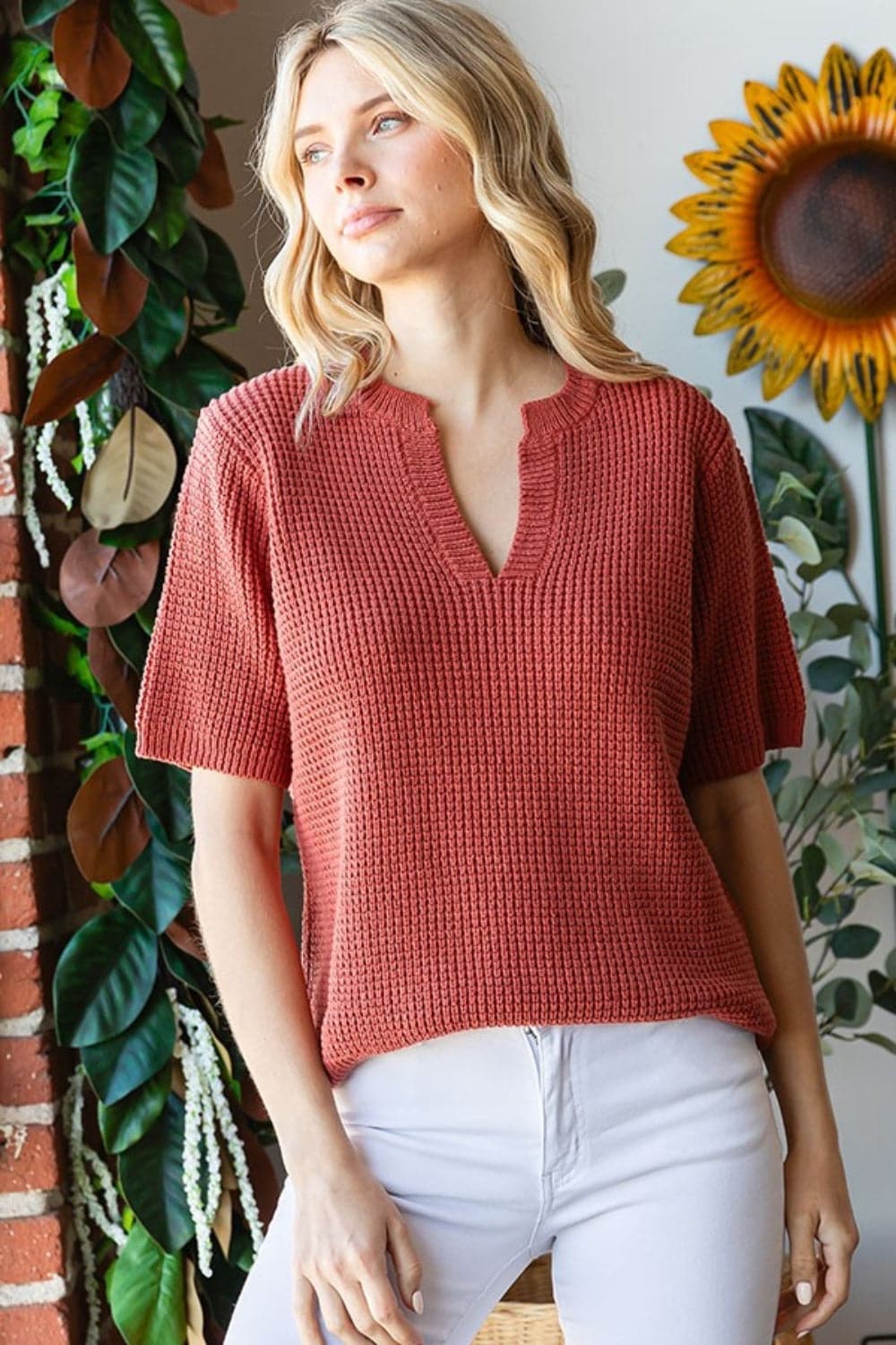 First Love Notched Short Sleeve Knit Top.