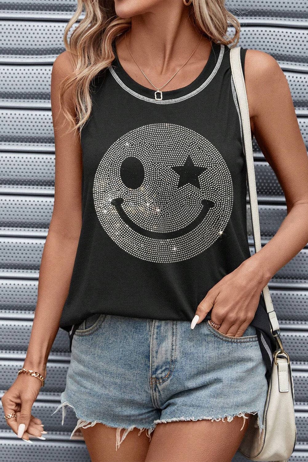 Rhinestone Smile Face Round Neck Tank.