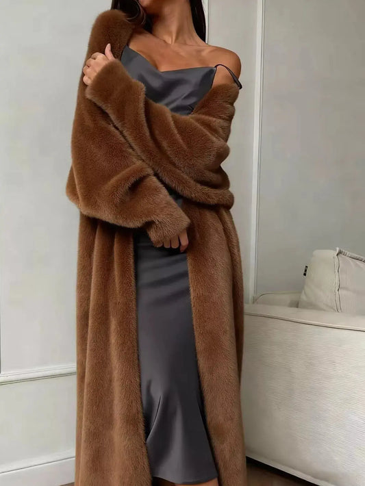 Brown Fuzzy Open Front Longline Cardigan For Women Warm Cozy Simply Love
