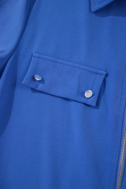 Dusk Blue Zip-Up Jacket with Tab Sleeves and Flap Detail