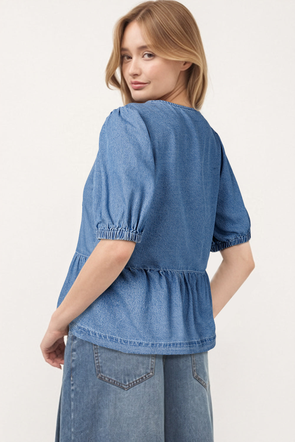 Dusk Blue Tie-Front Peplum Denim Shirt with Bubble Sleeves