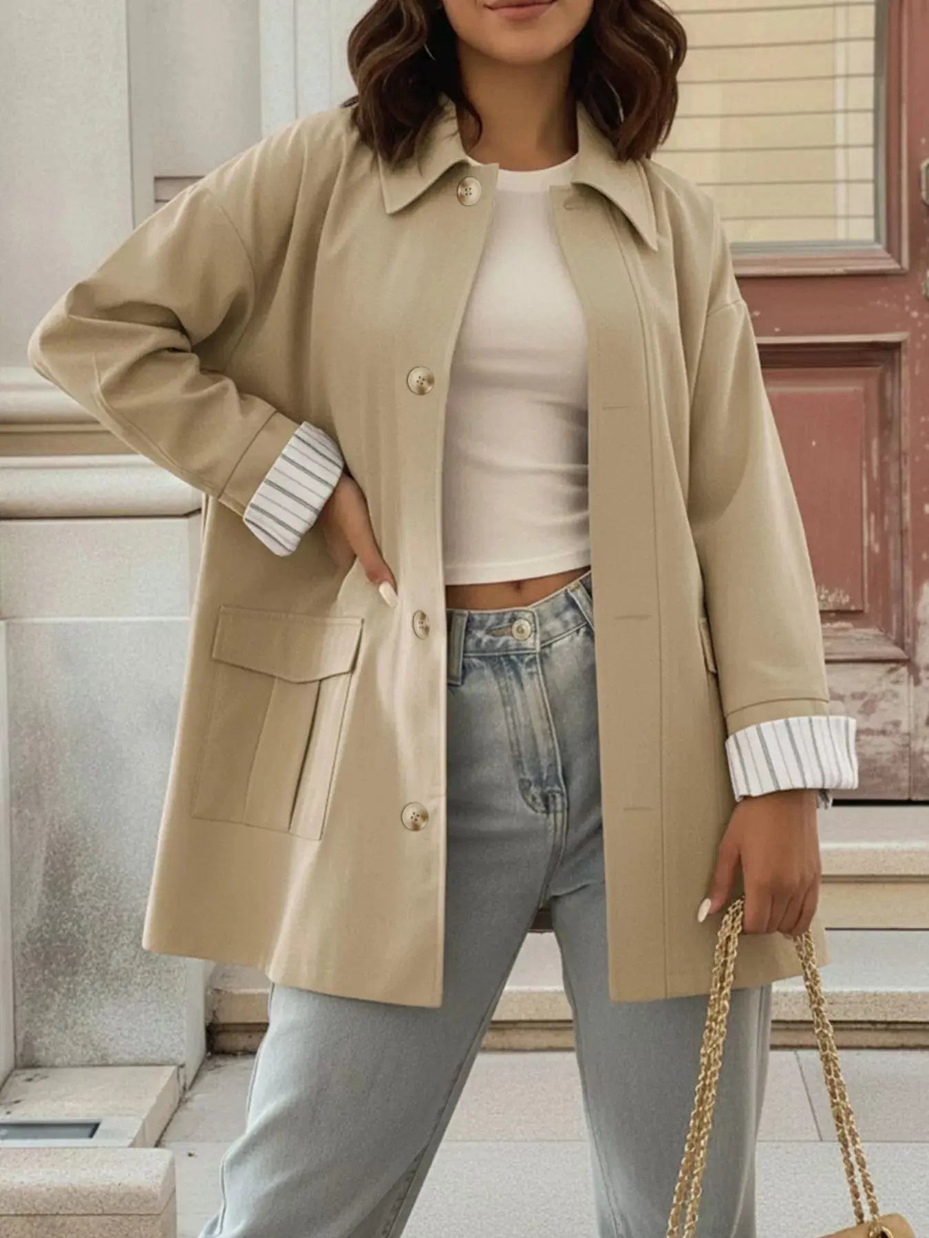 Button-Down Dropped Shoulder Outerwear Simply Love