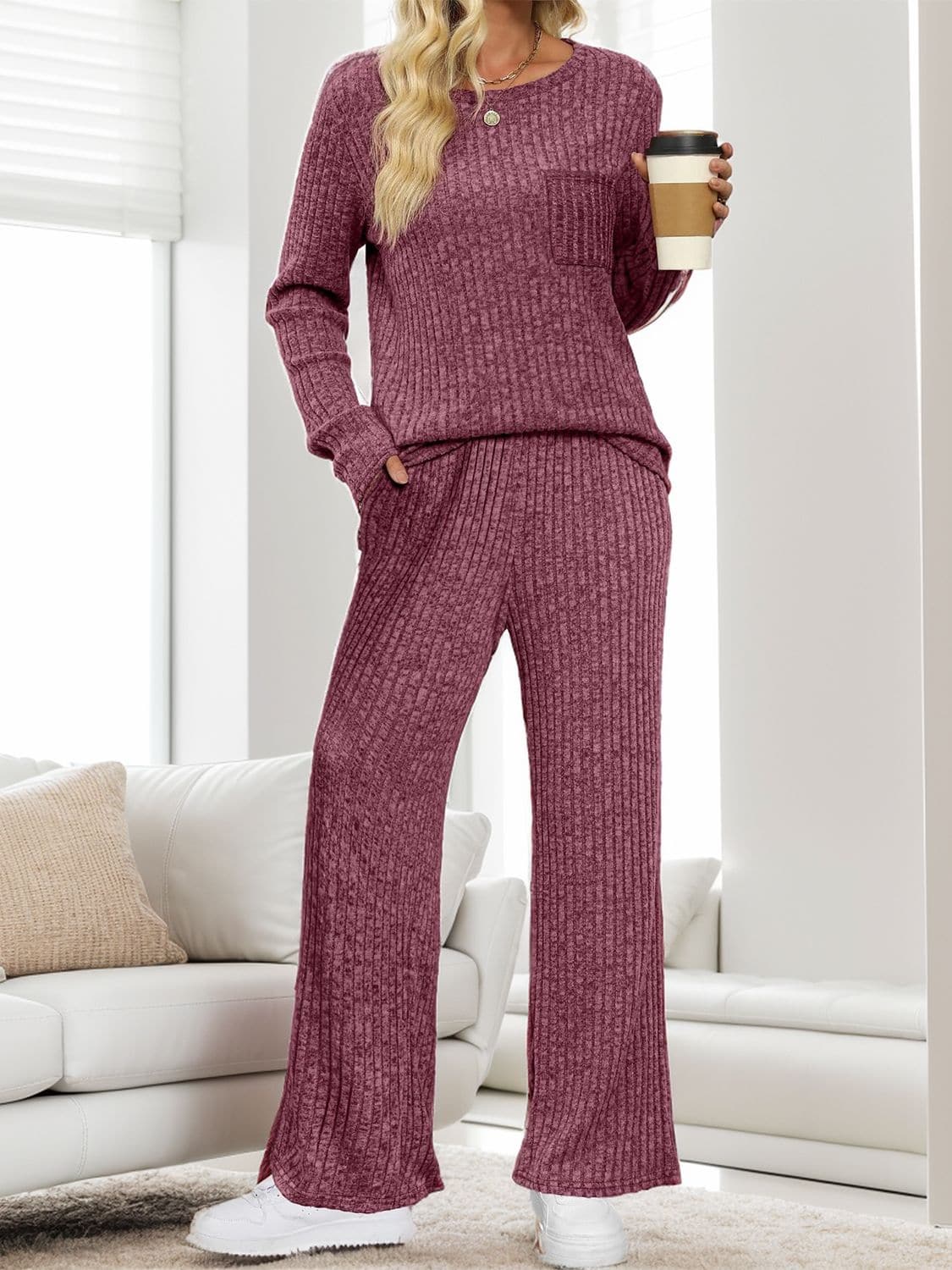 Cozy two-piece round neck top and pants ensemble