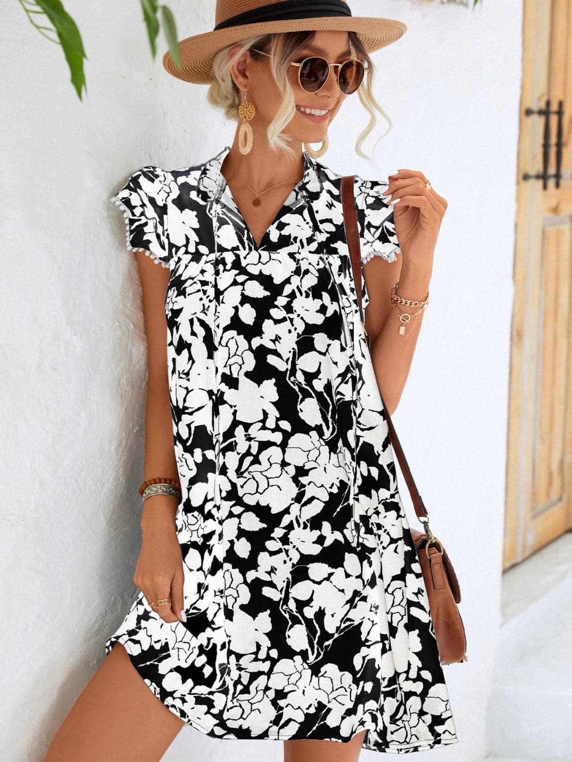 Floral Tie Neck Butterfly Sleeve Dress.