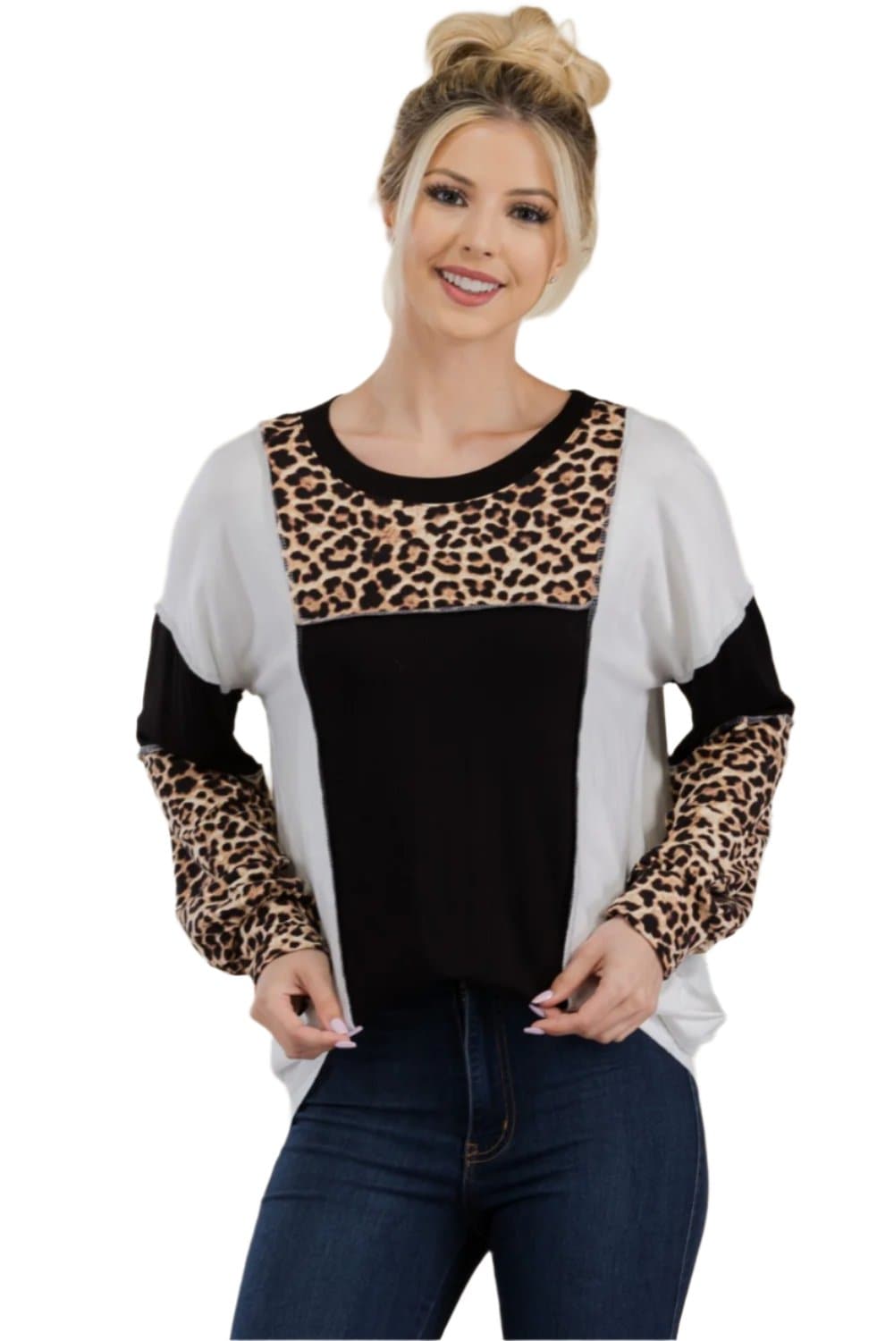 Chic leopard color block exposed seam t-shirt for all seasons