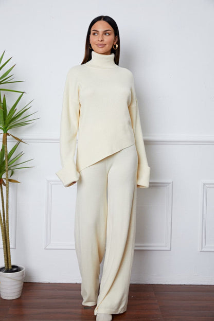 Turtleneck Dropped Shoulder Top and Pants Sweater Set.