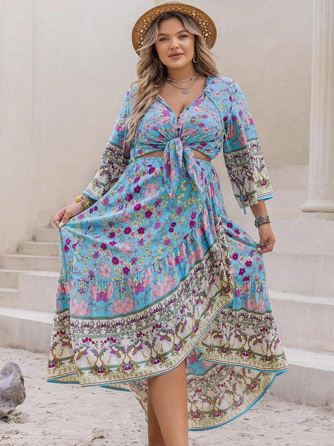 Plus Size Printed Tie Neck Top and Skirt Set.