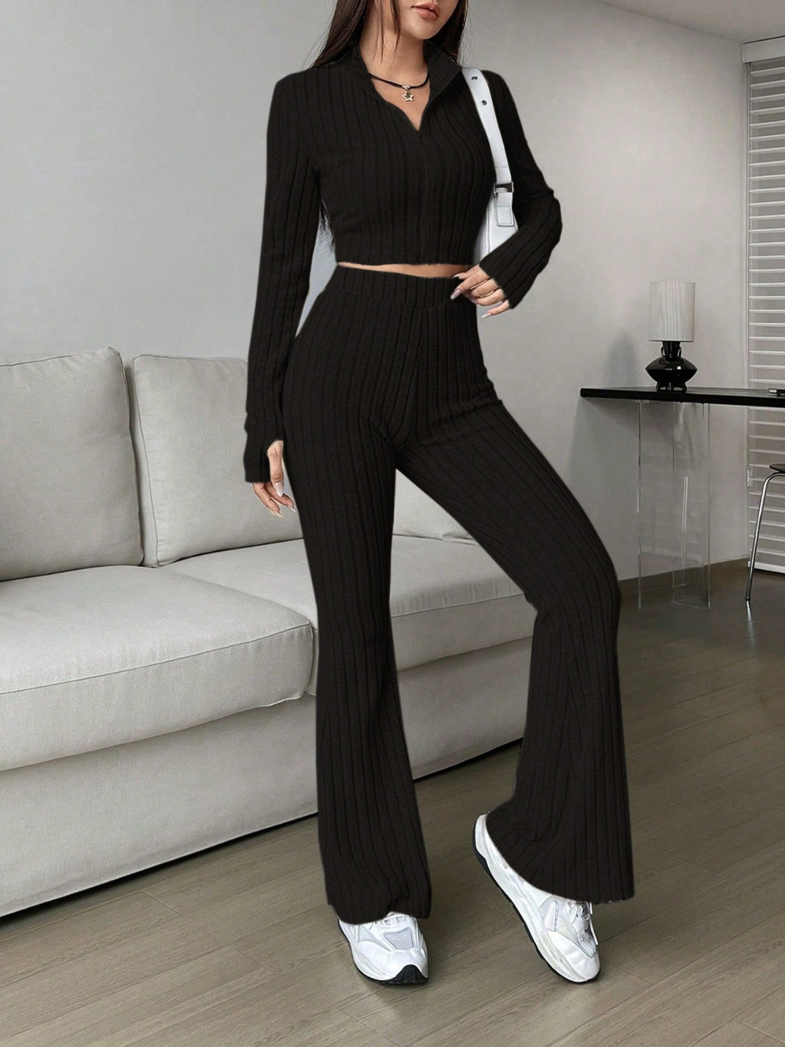 Zip Up Long Sleeve Top and Pants SetFeatures: Basic style
Number of pieces: Two-piece
Stretch: Slightly stretchy
Material composition: 95% polyester, 5% elastane
Care instructions: Machine wash cold. TLove Salve Long Sleeve TopTwo-Piece Sets