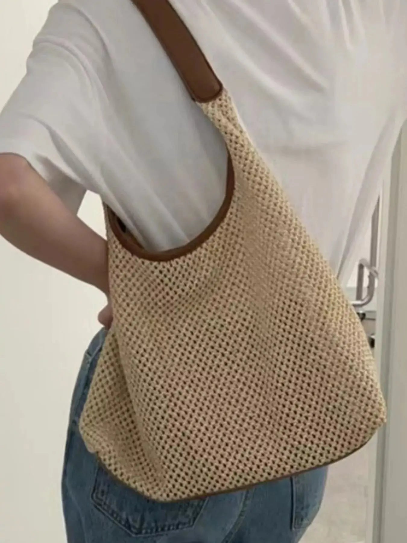 Woven Straw Handbag with Leather Strap Simply Love