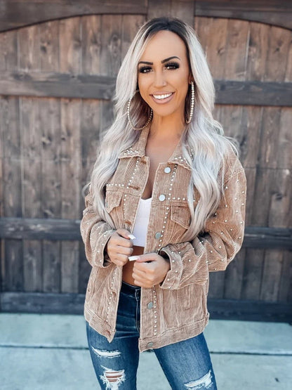 Studded Collared Neck Button Down Jacket.