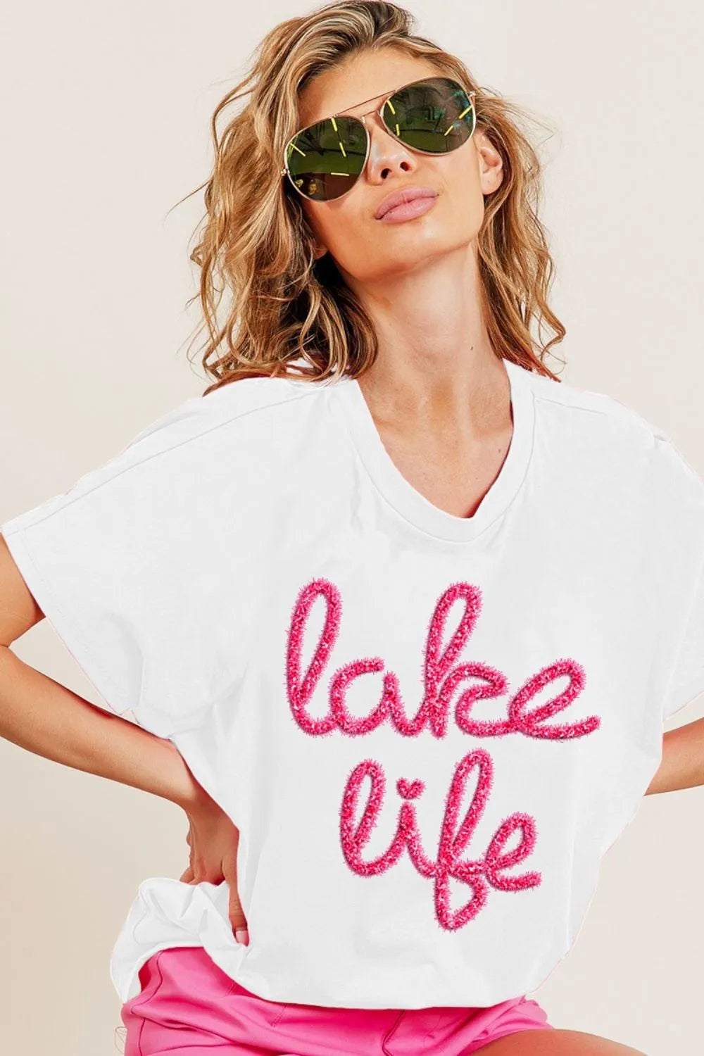 BiBi Metallic Letter Short Dolman Sleeve Top - Love Salve 