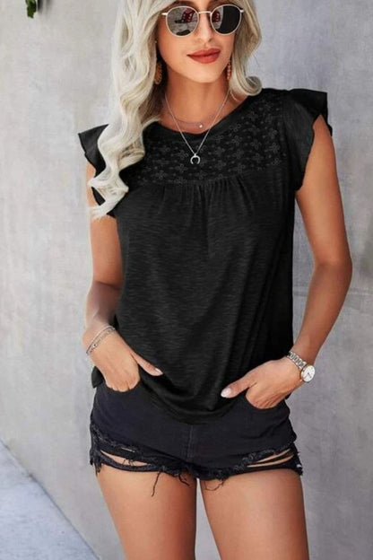 Sheer ruffled cap sleeve tee