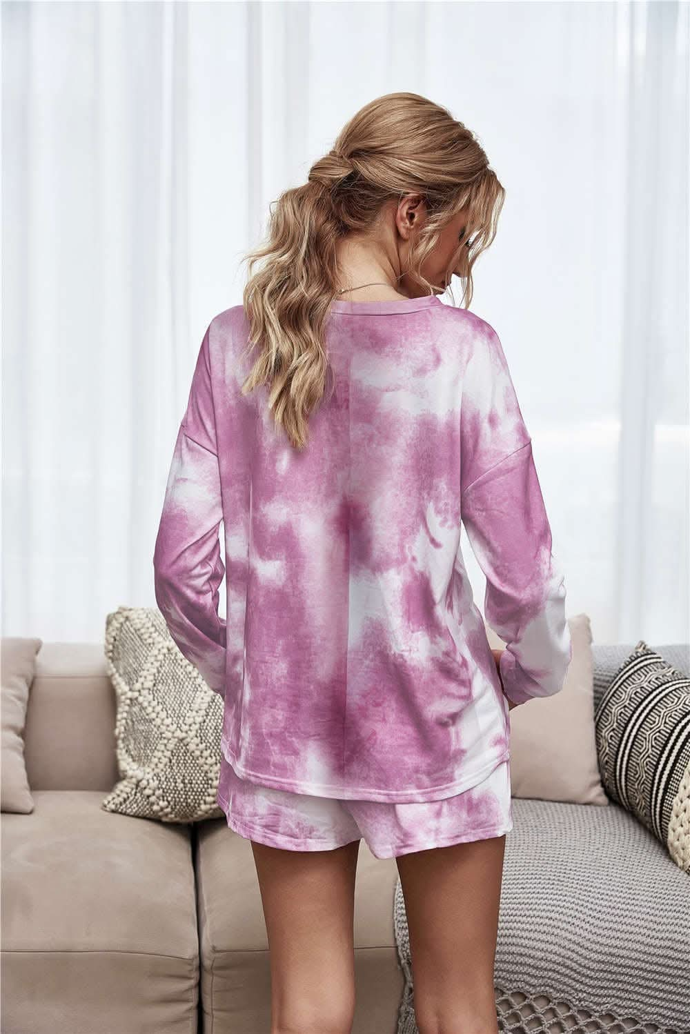 Tie-Dye Dropped Shoulder Top and Shorts Lounge Set.