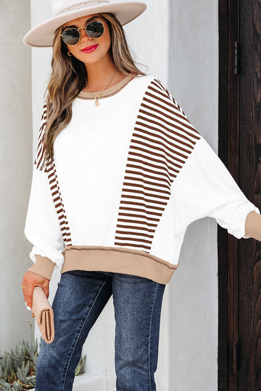 Brown Stripe Colorblock Patchwork Oversize Sweatshirt