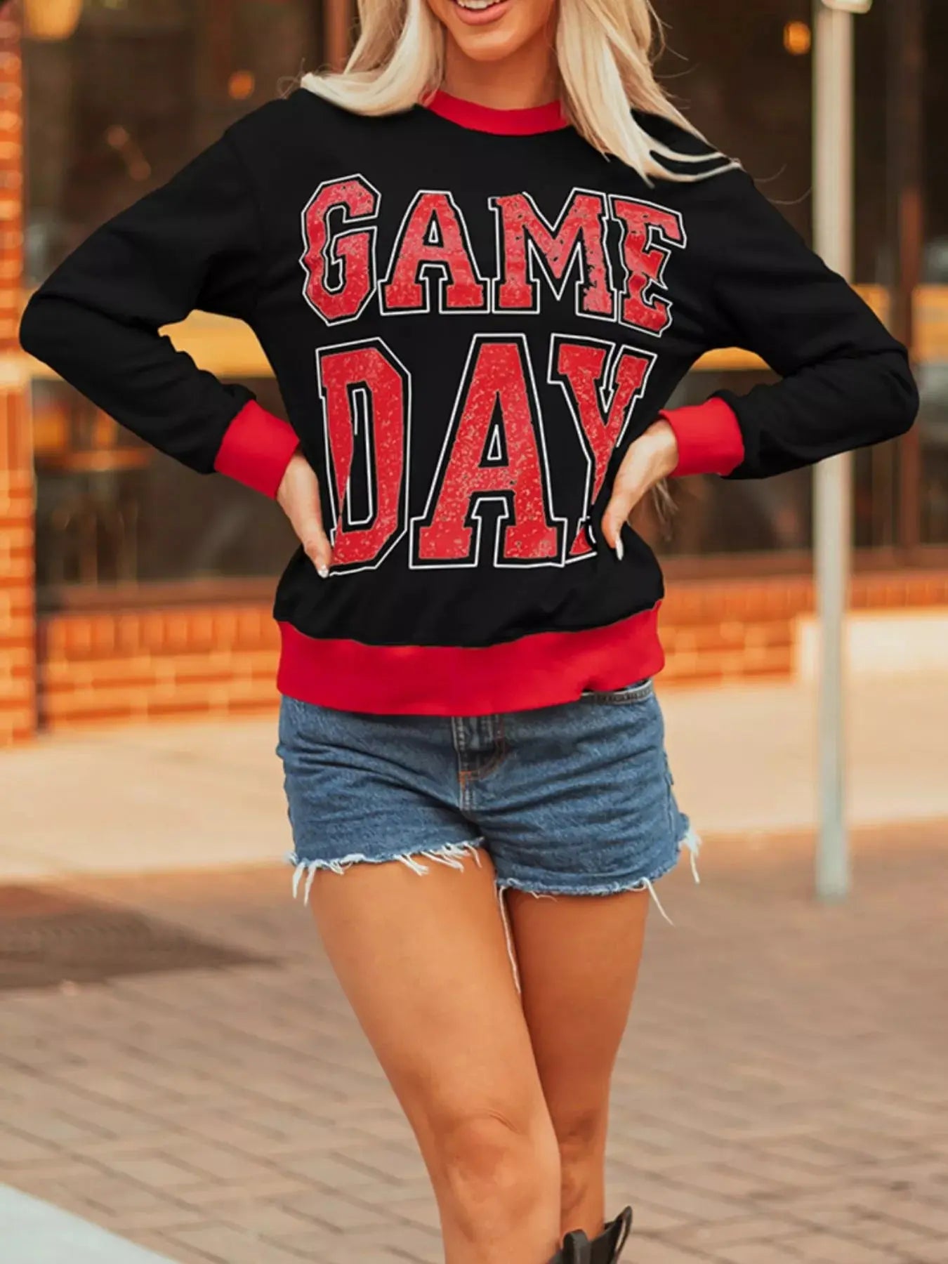 Game Day Graphic Varsity Baggy Long Sleeve Sweatshirt With Red Trim Simply Love