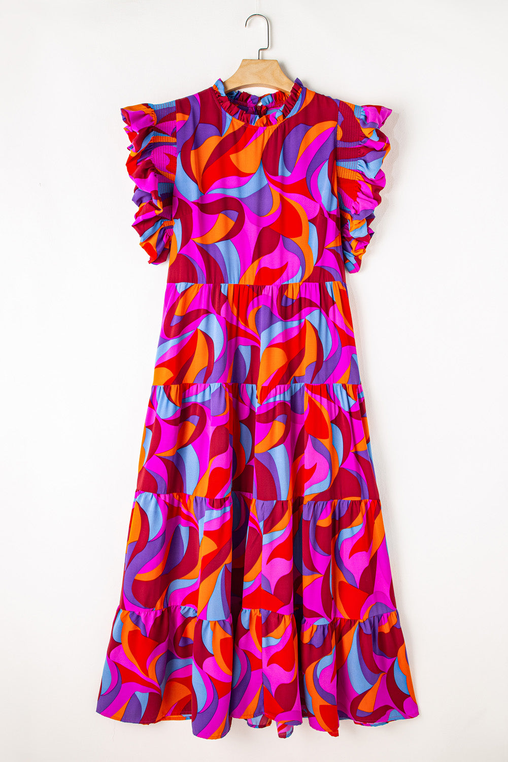 Vibrant abstract print plus-size ruffled mock neck maxi dress