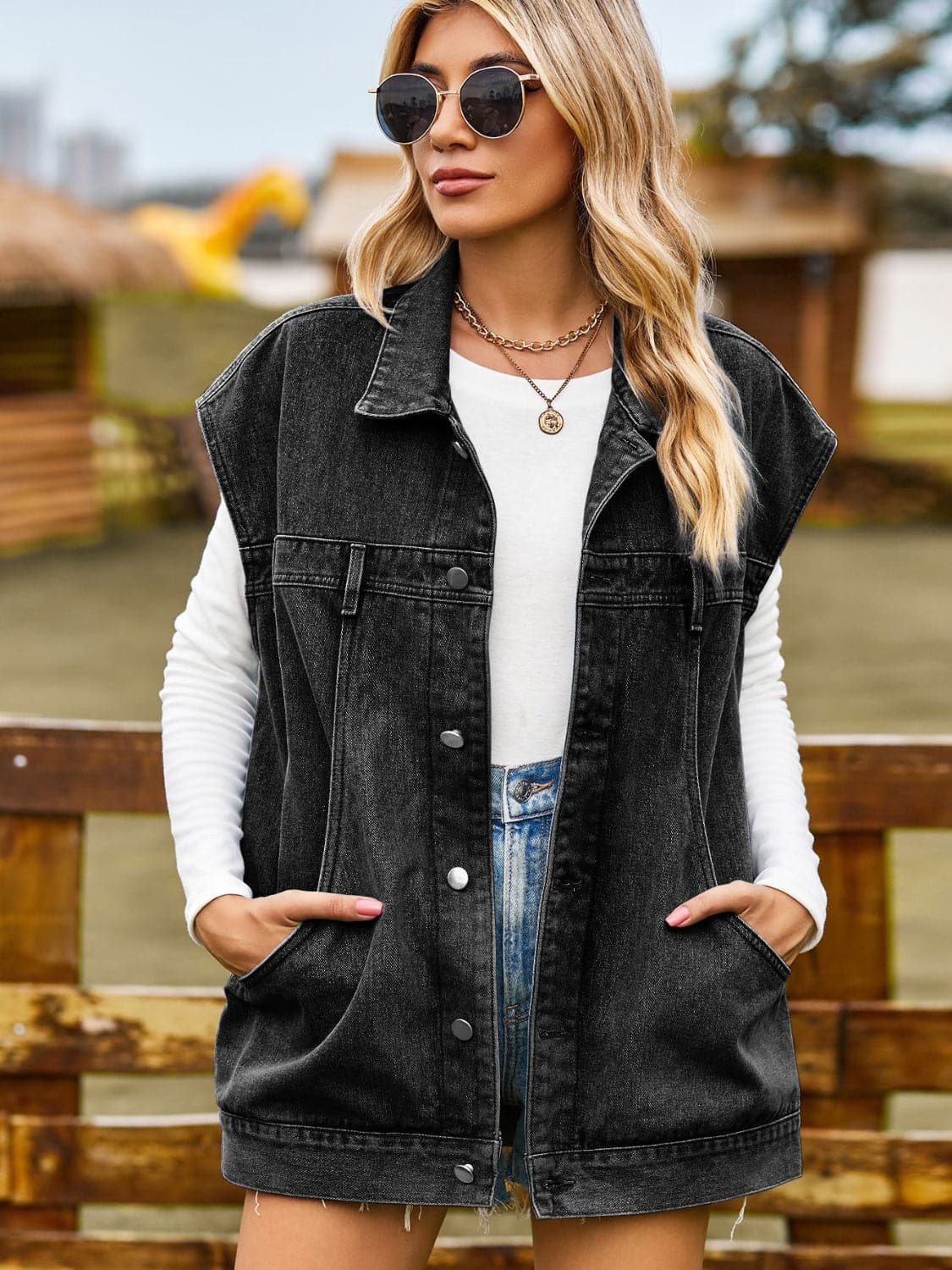 Button Up Collared Neck Sleeveless Denim Jacket.